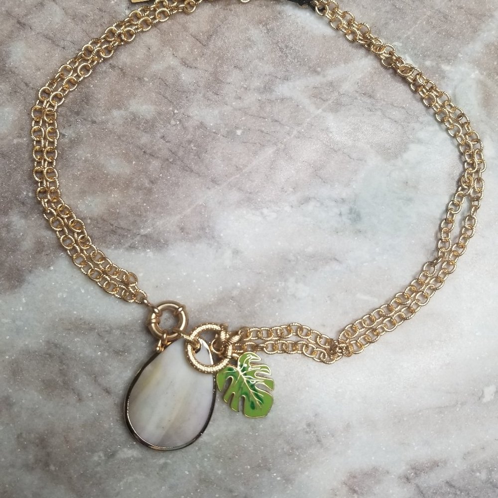 Patricia Nash Mother of Pearl Green Leaf Egyption Yellow Gold Necklace